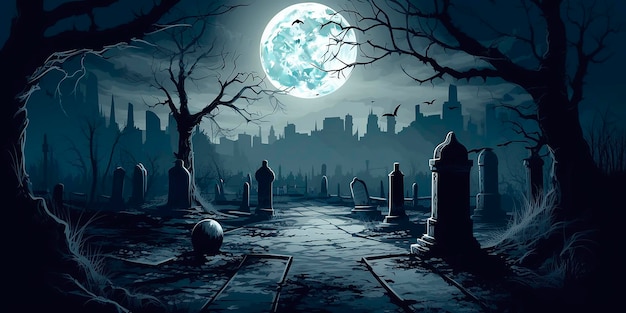 Un dipinto di un cimitero con la luna piena sullo sfondo.