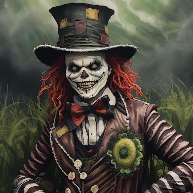 Un dipinto di un clown con un cappello e una cravatta