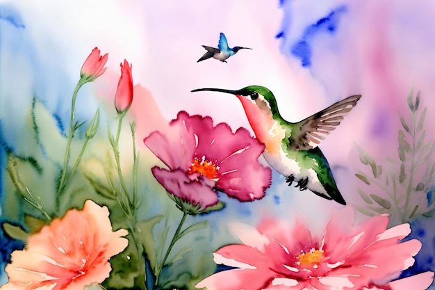 Un Dipinto Di Un Colibrì Che Vola Sopra I Fiori