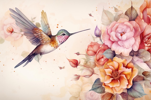 Un dipinto di un colibrì con dei fiori sopra