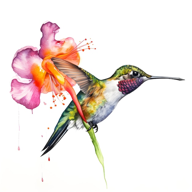 Un dipinto di un colibrì con un fiore rosa sul lato destro.