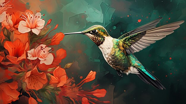 Un dipinto di un colibrì e fiori su un verde