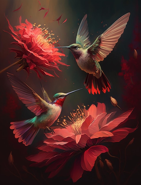 Un dipinto di un colibrì e un fiore rosso.