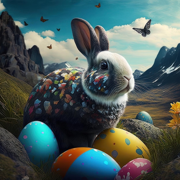 Un dipinto di un coniglietto con sopra un colorato uovo di Pasqua