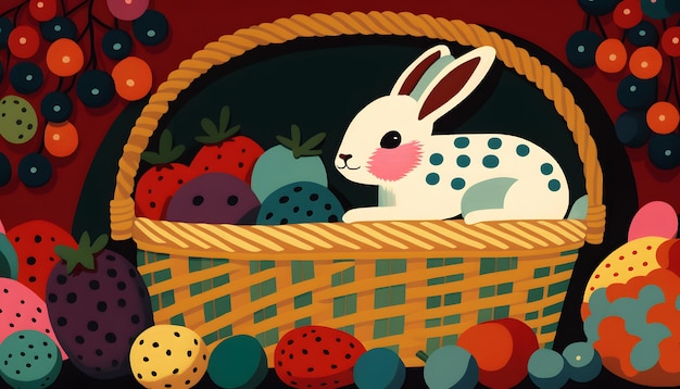 Un dipinto di un coniglietto e un cesto di uova di Pasqua.
