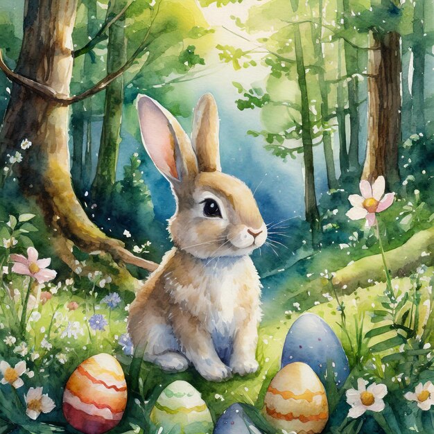 un dipinto di un coniglietto seduto in una foresta con le uova