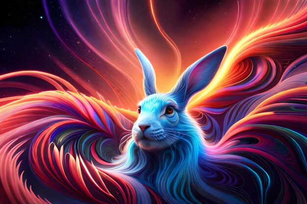 Un dipinto di un coniglio con una faccia blu e una coda rosa.