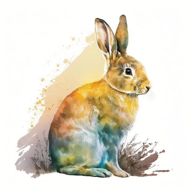 Un dipinto di un coniglio dipinto in giallo, blu e arancione.