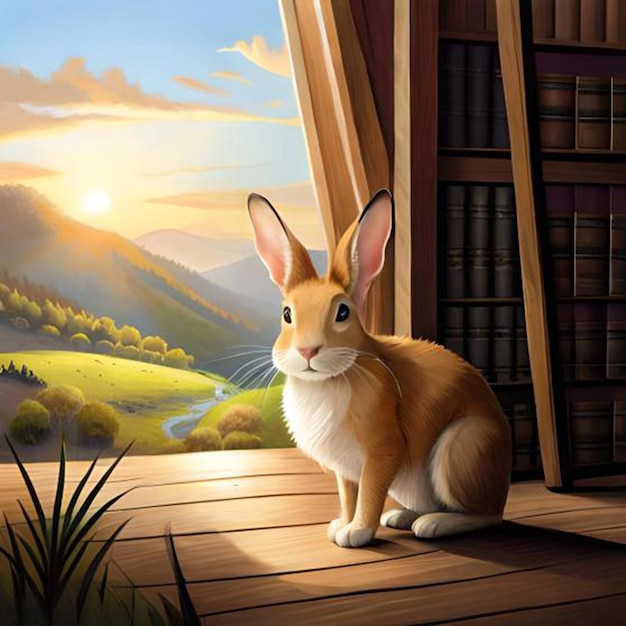 Un dipinto di un coniglio seduto davanti a una finestra con un paesaggio montano sullo sfondo.