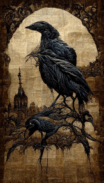 Un dipinto di un corvo con una città sullo sfondo.