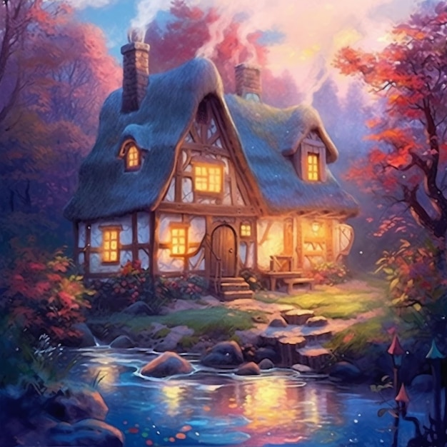 Un dipinto di un cottage con un ruscello che lo attraversa