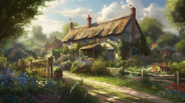Un dipinto di un cottage nel bosco