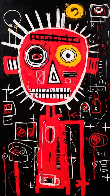 un dipinto di un cranio con una faccia rossa e la parola l su di esso