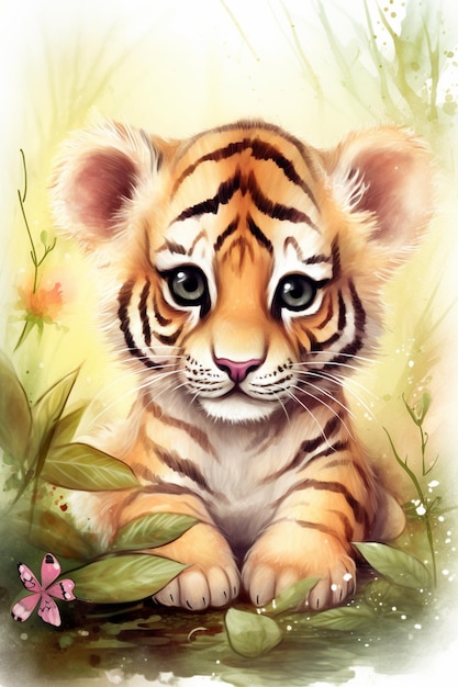 Un dipinto di un cucciolo di tigre con un fiore rosa sullo sfondo.