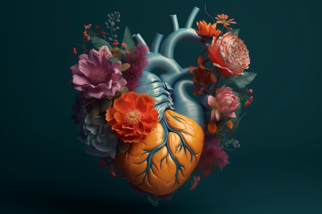 Un dipinto di un cuore con fiori e foglie