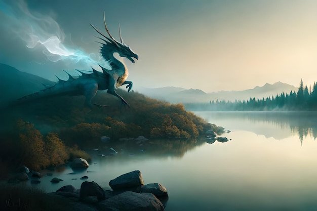 Un dipinto di un dinosauro amichevole con una montagna sullo sfondo Ritratto fantastico di un drago amichevole Opera d'arte surreale di un drago della mitologia medievale