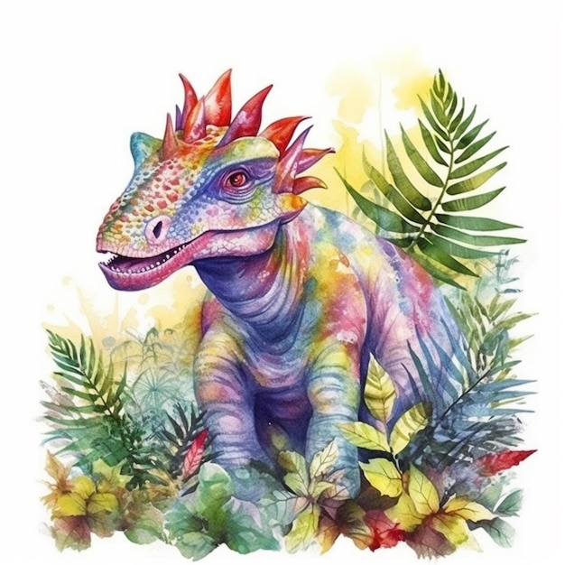 Un dipinto di un dinosauro colorato con una testa rossa e una coda verde generativo ai