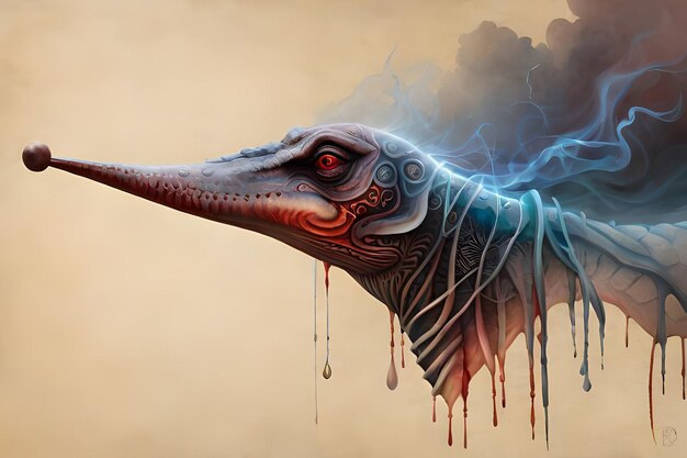 Un dipinto di un dinosauro con un occhio blu e un occhio rosso