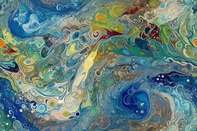 Un dipinto di un dipinto astratto blu e verde con sopra le parole "oceano".