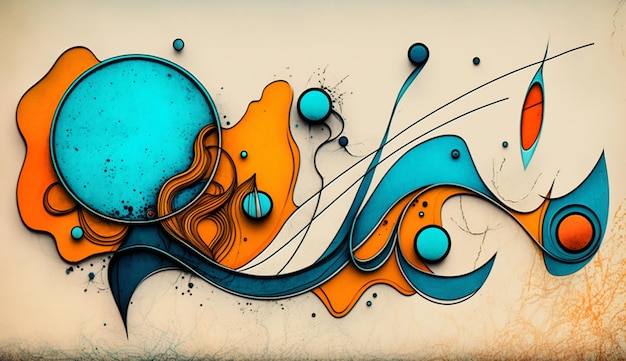Un dipinto di un disegno swirly blu e arancione con la parola "su di esso".