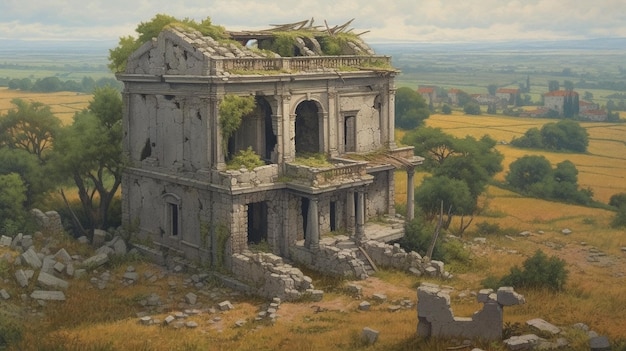 Un dipinto di un edificio abbandonato in campagna