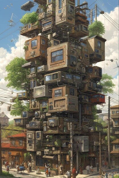 Un dipinto di un edificio con molti televisori sopra