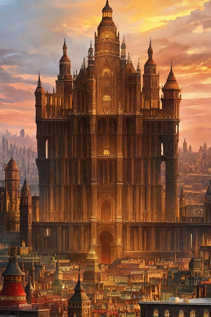 Un dipinto di un edificio con una grande torre