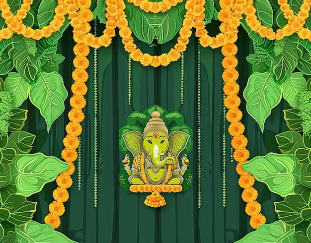 un dipinto di un elefante d'oro con fiori sulla tenda verde