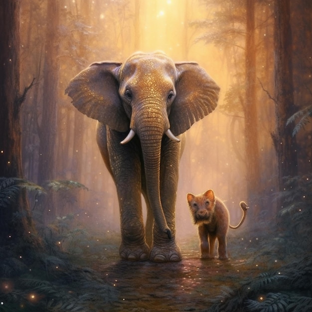 Un dipinto di un elefante e una leonessa nella giungla.