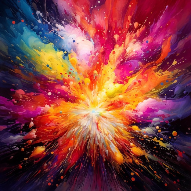 Un dipinto di un'esplosione colorata di vernice su uno sfondo nero generativo ai