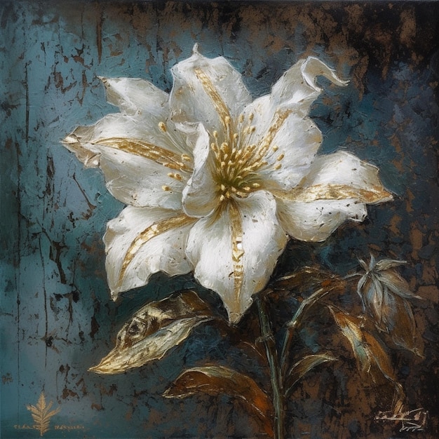 Un dipinto di un fiore bianco con foglie d'oro su sfondo blu.