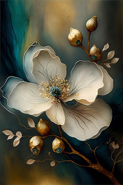 Un dipinto di un fiore bianco con foglie d'oro