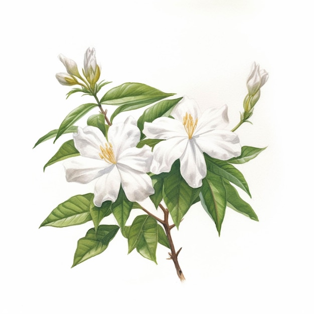 Un dipinto di un fiore bianco con foglie verdi su sfondo bianco ai generativo