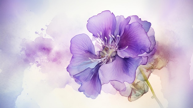 Un dipinto di un fiore blu con petali viola