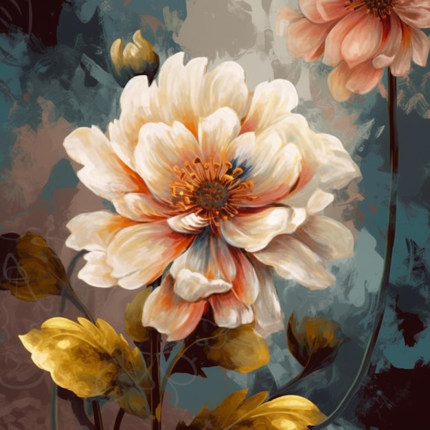 Un dipinto di un fiore con foglie d'oro