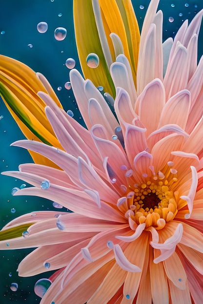 Un dipinto di un fiore con gocce d'acqua su di esso