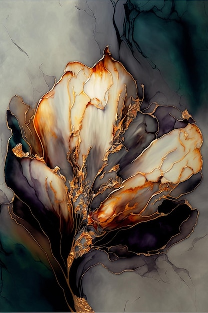Un dipinto di un fiore con vernice oro e viola.