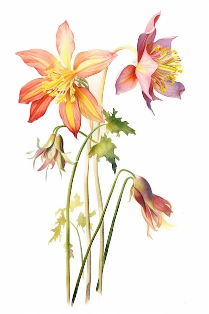 Un dipinto di un fiore di aquilegia con un fiore giallo e arancione.