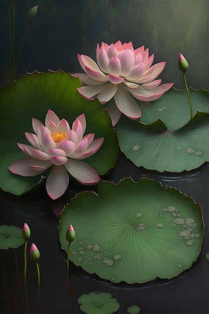 Un dipinto di un fiore di loto con gocce d'acqua su di esso.