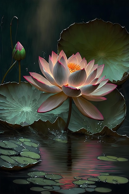 Un dipinto di un fiore di loto e ninfee