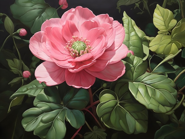 Un dipinto di un fiore rosa con foglie verdi verdeggianti
