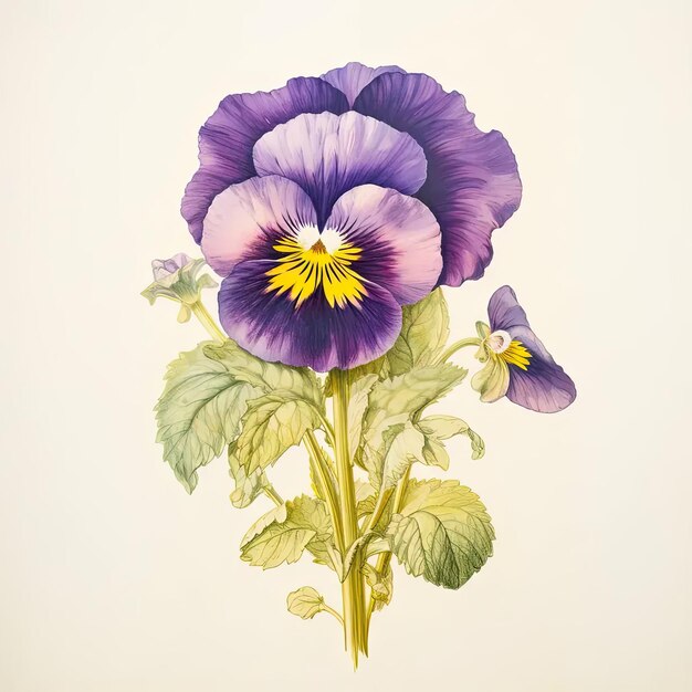 Un dipinto di un fiore viola con foglie verdi