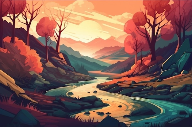 Un dipinto di un fiume che scorre attraverso una foresta con alberi generativi ai
