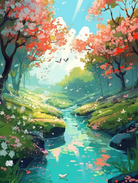 un dipinto di un fiume circondato da alberi e fiori generativo ai