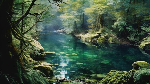 Un dipinto di un fiume con alberi e rocce.
