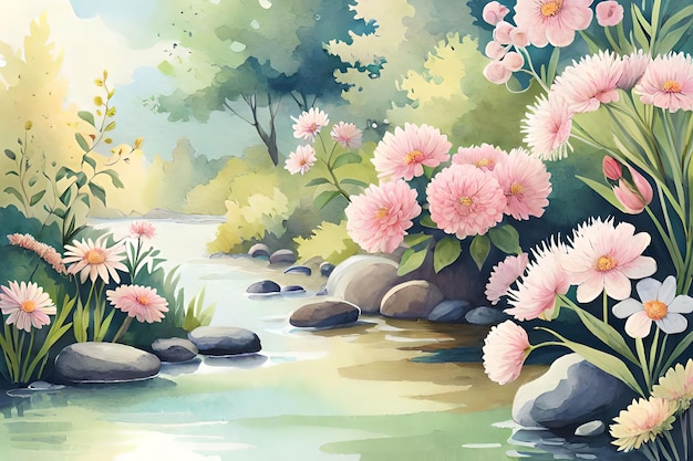 Un dipinto di un fiume con fiori e rocce.