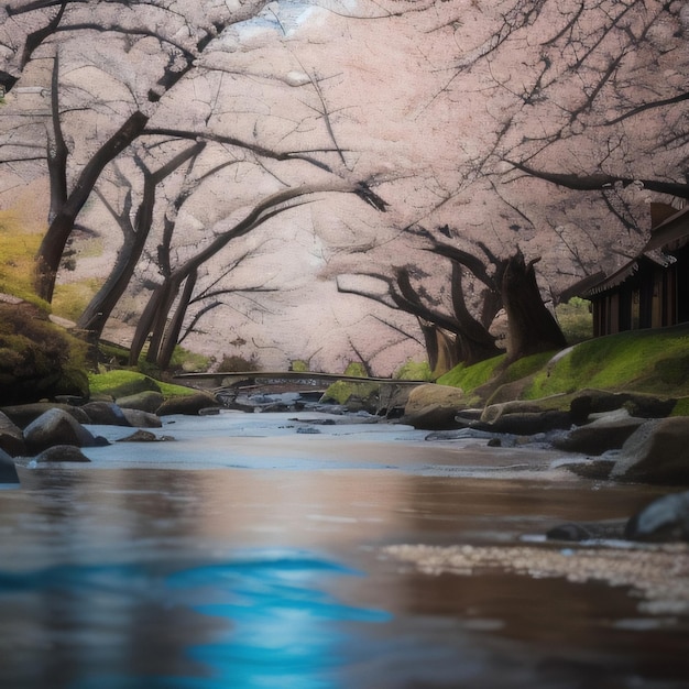 Un dipinto di un fiume con fiori rosa su di esso