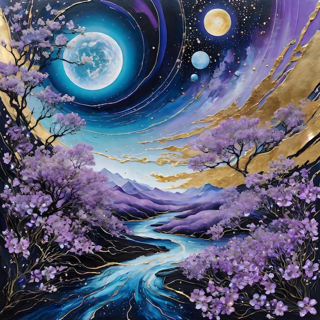 un dipinto di un fiume con fiori viola e la luna sullo sfondo