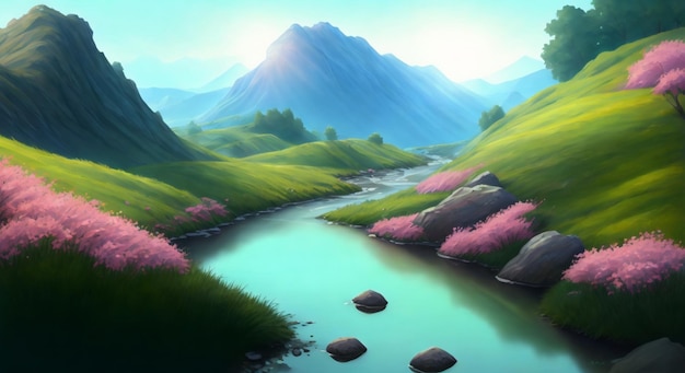 Un dipinto di un fiume con le montagne sullo sfondo