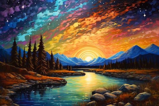 Un dipinto di un fiume con le montagne sullo sfondo.